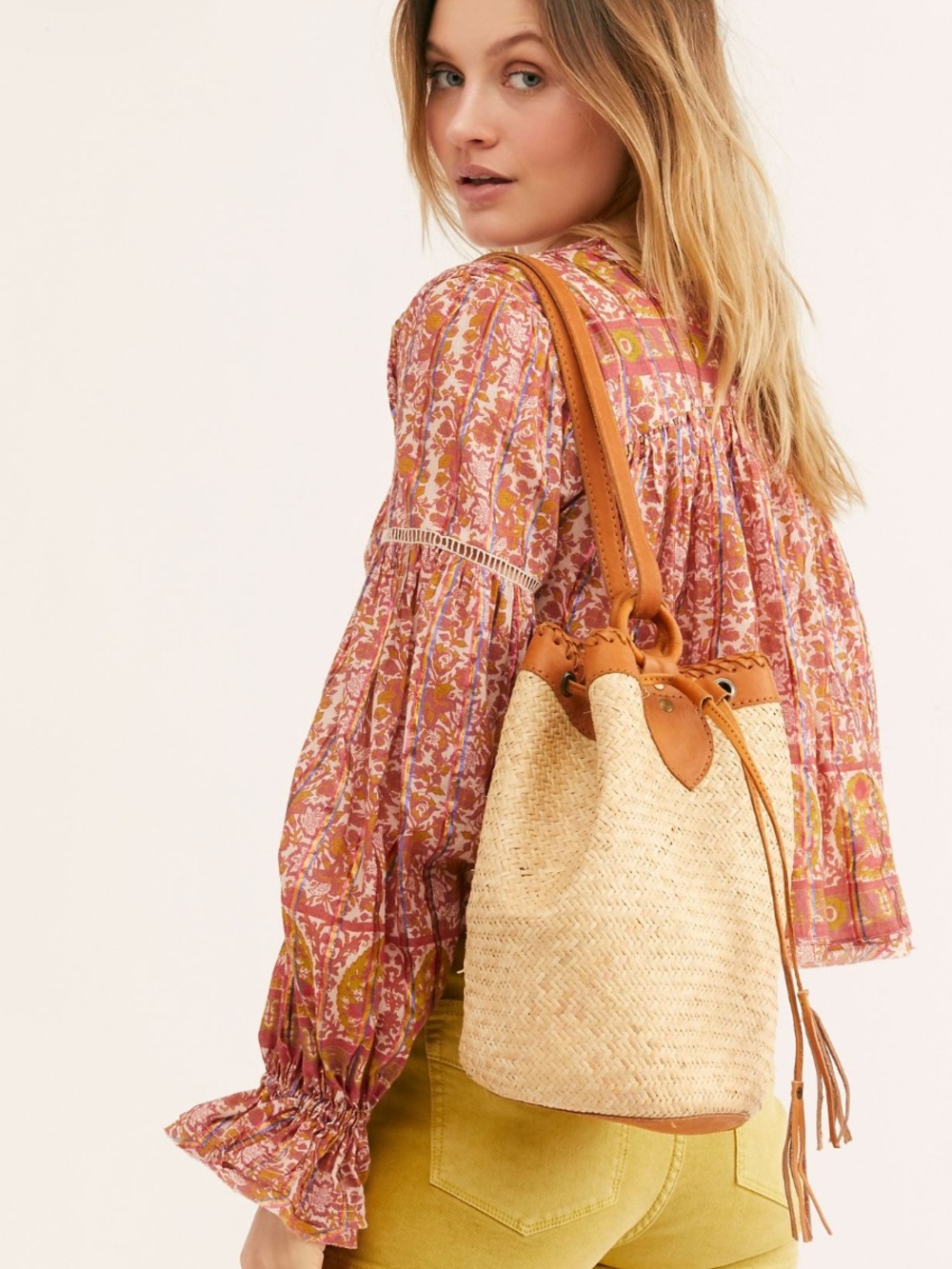 Free People  Rori Brown Straw Bucket Shoulder Bag with Leather Trim